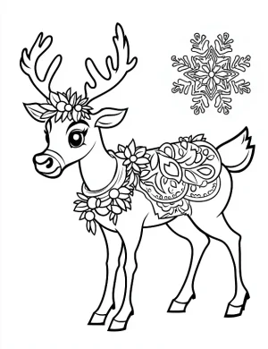 Festive Reindeer with Floral Decorations and Snowflake Mandala Coloring Page by Mindset Flow
