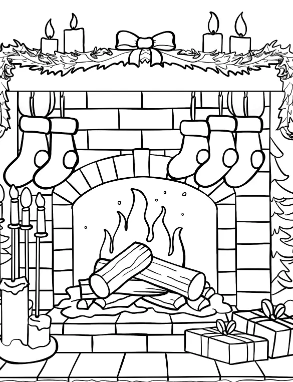 Fireplace With Socks Stockings And Gifts Adult Coloring Page By Mindset Flow