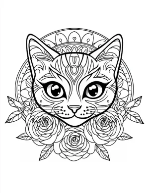 Floral Cat Mandala with Elegant Blooming Patterns Coloring Page by Mindset Flow
