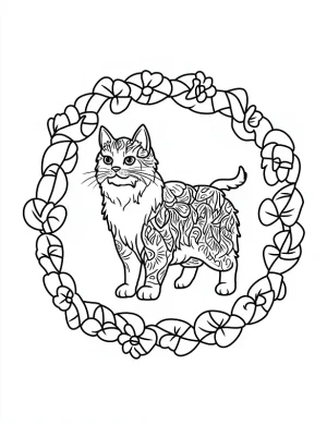 Floral Circular Cat Mandala Design Coloring Page by Mindset Flow