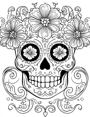 Floral Crown Sugar Skull with Petals Adult Coloring Page by Mindset Flow