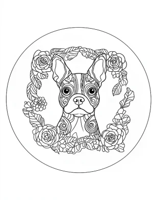 Floral Dog Mandala with Roses and Swirls Coloring Page by Mindset Flow