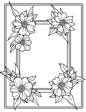 Floral Frame with Four Blooming Flowers and Leaves Coloring Page