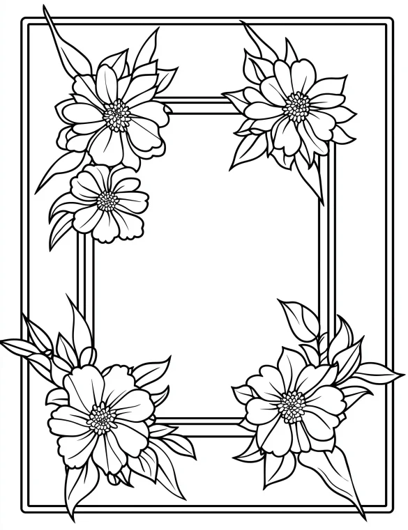 Floral Frame with Four Blooming Flowers and Leaves Coloring Page