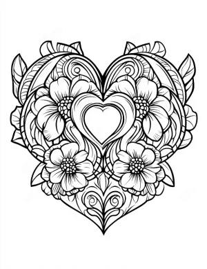 Floral Heart Mandala with Blossoms and Leaves Coloring Page by Mindset Flow