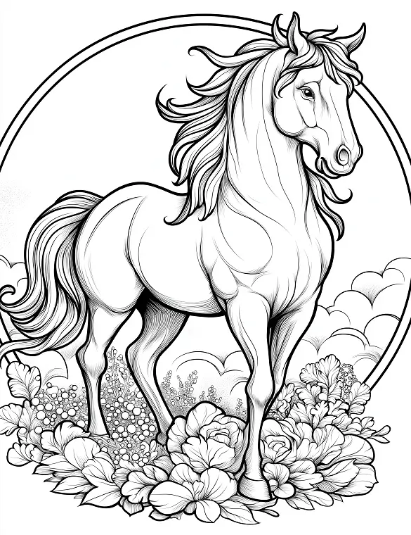 Floral Horse In Circular Frame Adult Coloring Page By Mindset Flow