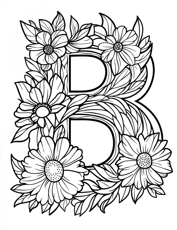 Floral Monogram with Blooming Flowers Coloring Page