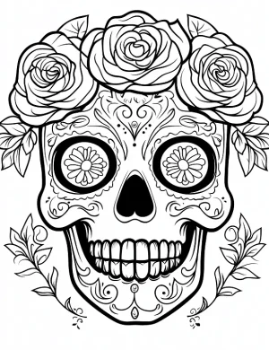 Floral Skull Design with Roses and Swirling Patterns Adult Coloring Page by Mindset Flow