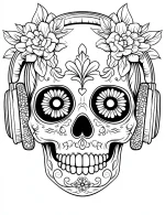 Floral Skull with Headphones Adult Coloring Page by Mindset Flow