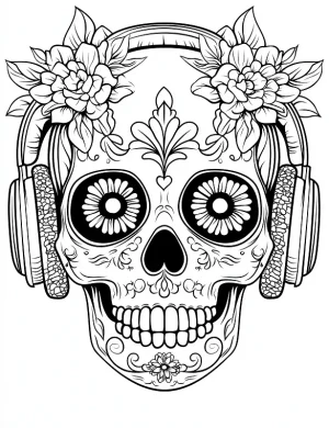 Floral Skull with Headphones Adult Coloring Page by Mindset Flow