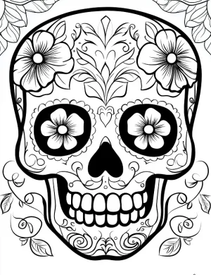 Floral Skull with Heart Patterns Adult Coloring Page by Mindset Flow