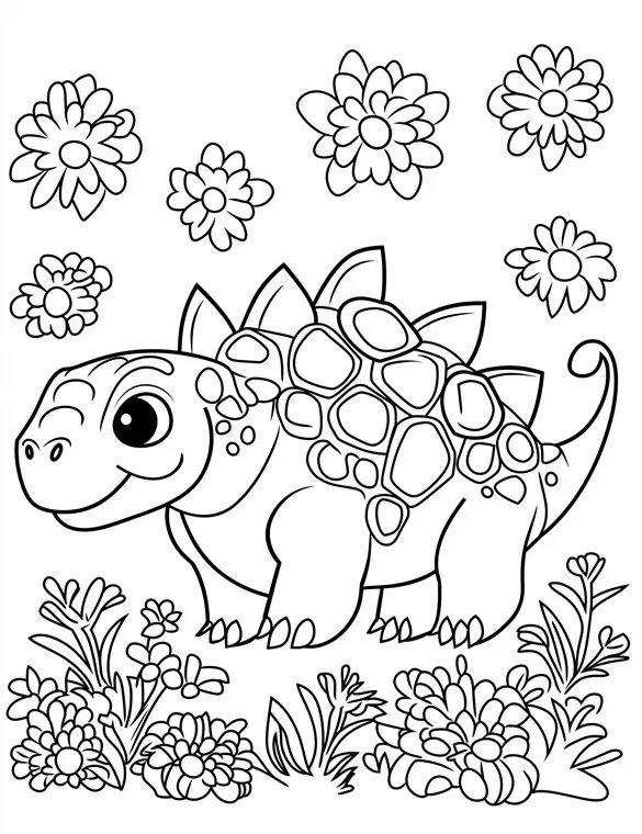 Floral Stegosaurus Dinosaur with Flowers and Plants Coloring Page