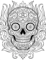 Floral Sugar Skull with Fire Elements Adult Coloring Page By Mindset Flow