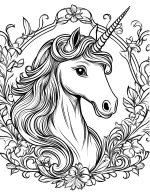 Floral-Themed Unicorn Head Mandala with Elegant Mane Coloring Page