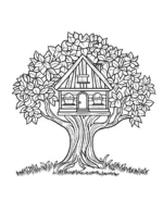 Floral Tree House Nature Art Printable Coloring Page