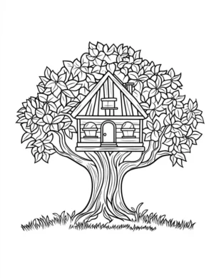 Floral Tree House Nature Art Printable Coloring Page
