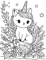 Floral Unicorn Cat with Stars and Flowers Coloring Page
