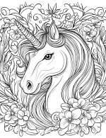 Floral Unicorn Head with Elegant Mane and Flowers Coloring Page