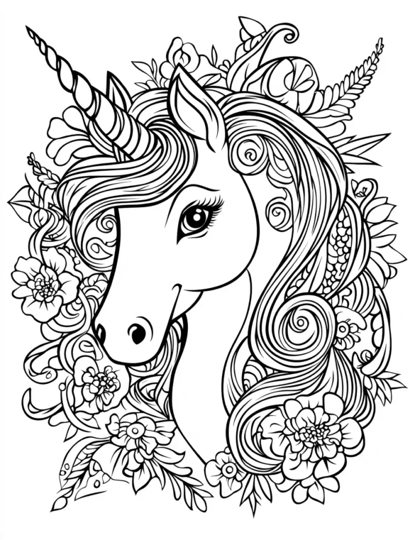 Floral Unicorn Head with Flowing Mane and Botanical Pattern Mandala Coloring Page Floral Unicorn Head with Flowing Mane and Botanical Pattern Mandala Coloring Page