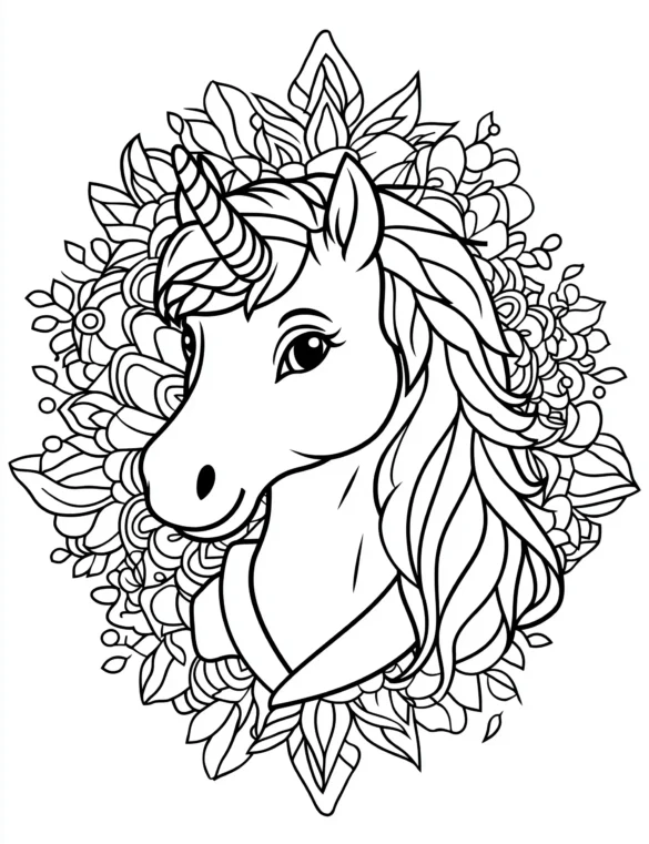 Floral Unicorn Head with Flowing Mane and Leaves Coloring Page Floral Unicorn Head with Flowing Mane and Leaves Coloring Page