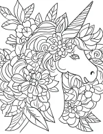 Floral Unicorn Mandala with Blossoms and Leaves Coloring Page