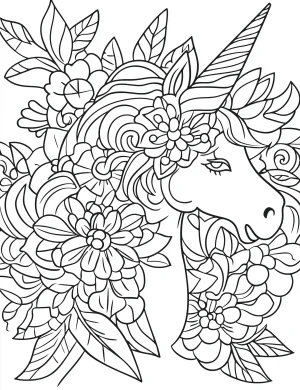 Floral Unicorn Mandala with Blossoms and Leaves Coloring Page
