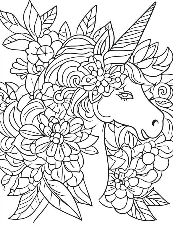 Floral Unicorn Mandala with Blossoms and Leaves Coloring Page