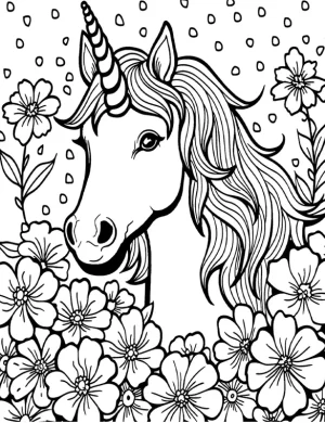 Floral Unicorn with Blossoms and Magical Rainfall Coloring Page