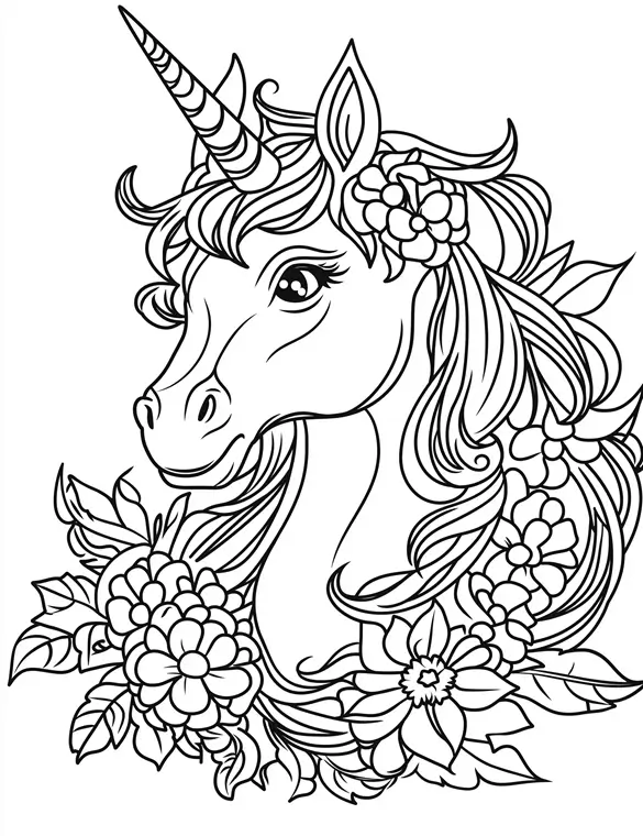 Floral Unicorn with Flowers Mandalas Coloring Page