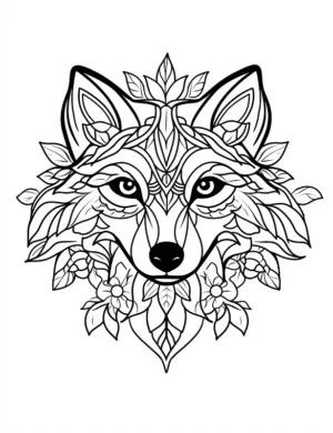 Floral Wolf Mandala Head with Leaf and Bloom Accents Coloring Page by Mindset Flow