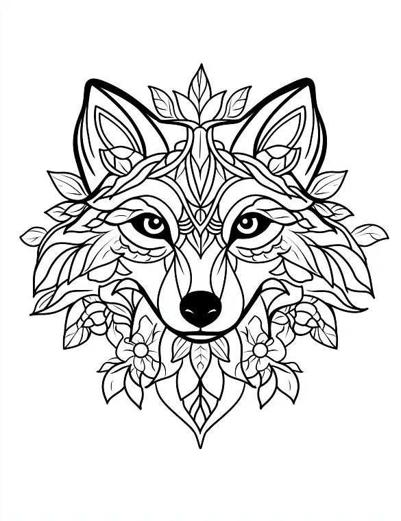 Floral Wolf Mandala Head with Leaf and Bloom Accents Coloring Page by Mindset Flow