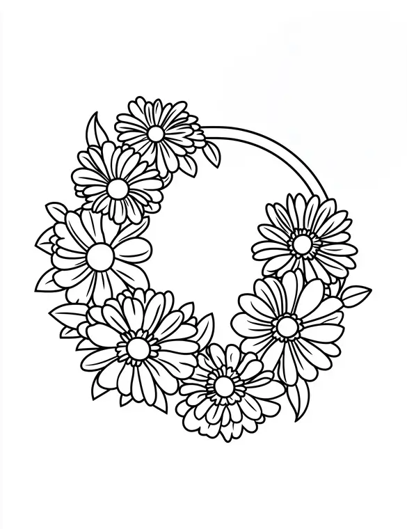 Floral Wreath with Detailed Flowers Printable Coloring Page
