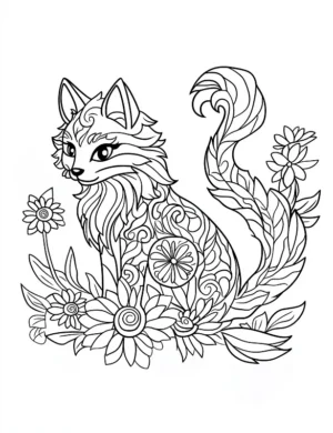 Flower Fox Sitting Among Blooms Flower Coloring Page By Mindset Flow