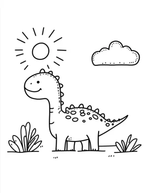 Flower Power Dinosaur with Sun and Cloud Coloring Page