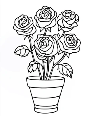 Flowerpot with Five Roses Coloring Page