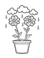 Flowerpot with Two Blooming Flowers and Rain Clouds Coloring Page