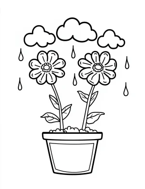 Flowerpot with Two Blooming Flowers and Rain Clouds Coloring Page