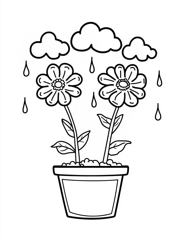 Flowerpot with Two Blooming Flowers and Rain Clouds Coloring Page