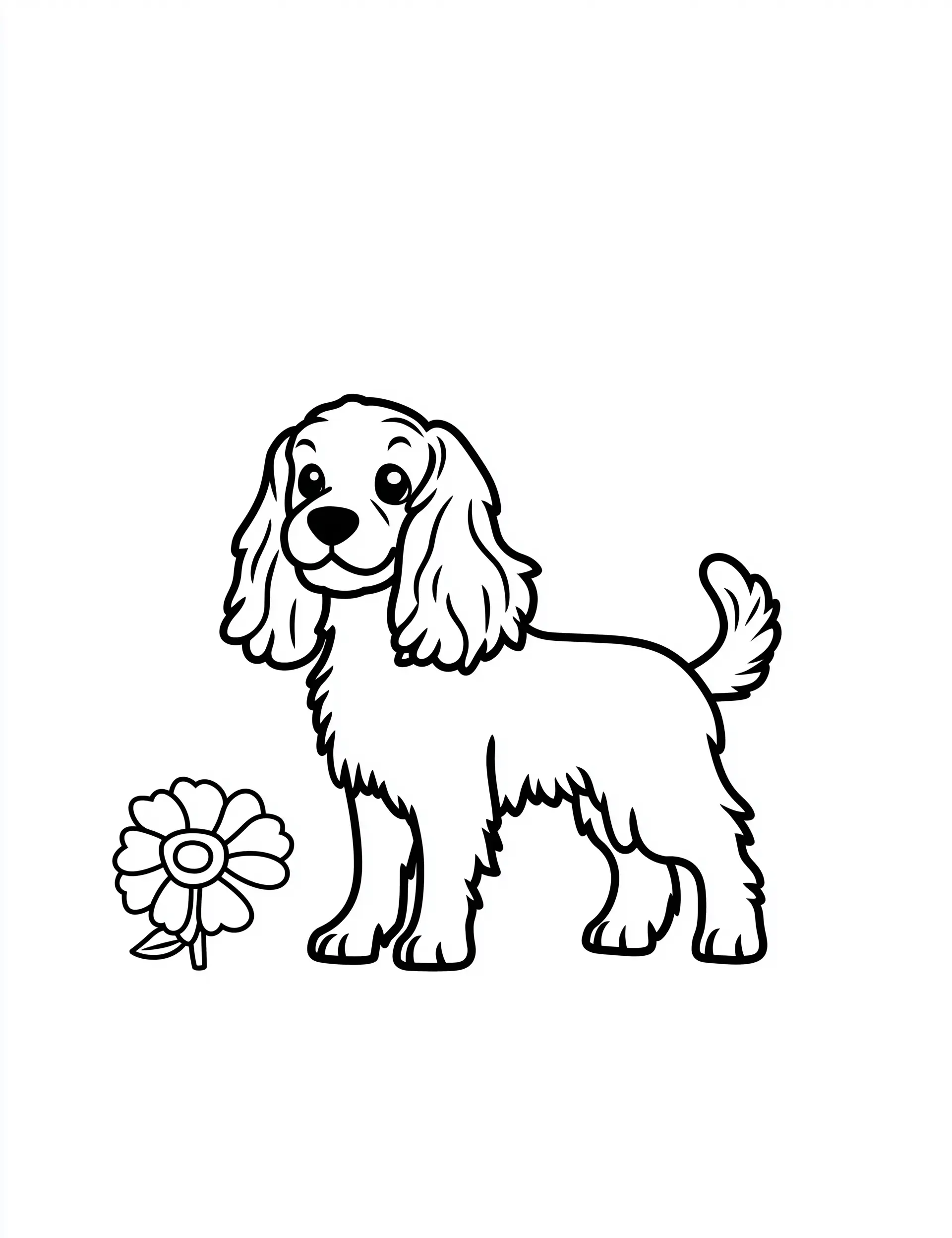 Fluffy Cartoon-Style Cocker Spaniel Dog with Flower Accent Adult Coloring Page