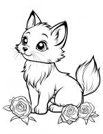 Fluffy Fox with Roses and Flowers Coloring Page