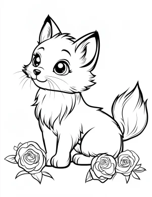 Fluffy Fox with Roses and Flowers Coloring Page