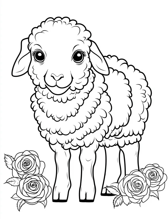 Fluffy Lamb with Roses Coloring Page