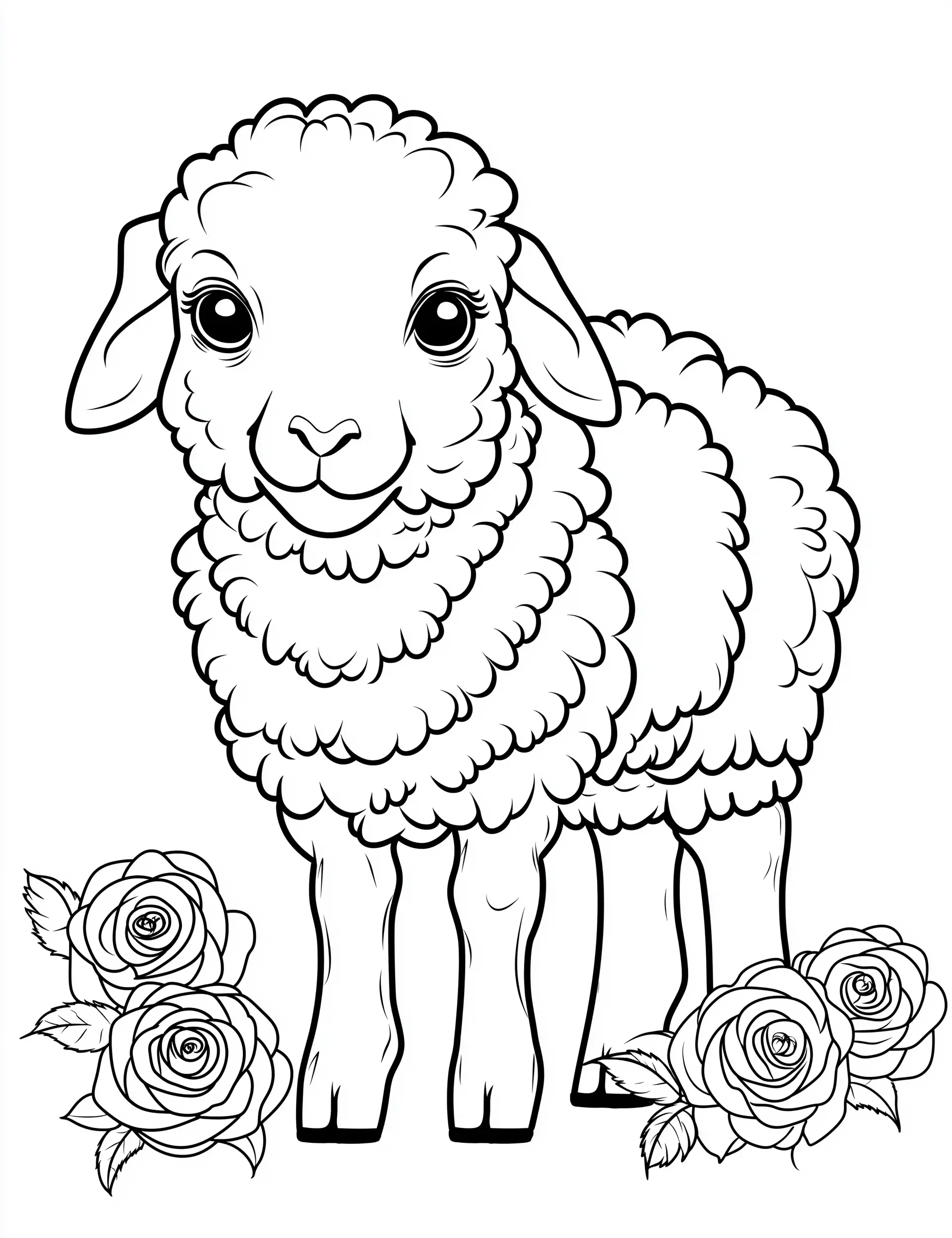 Fluffy Lamb with Roses Coloring Page