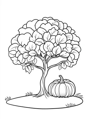 Fluffy Tree with Pumpkin and Fall Leaves Coloring Page