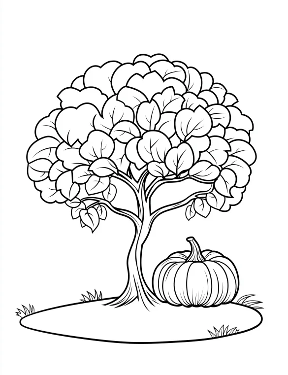 Fluffy Tree with Pumpkin and Fall Leaves Coloring Page