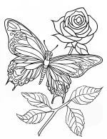 Flying Butterfly with Rose and Leaves Design Coloring Page