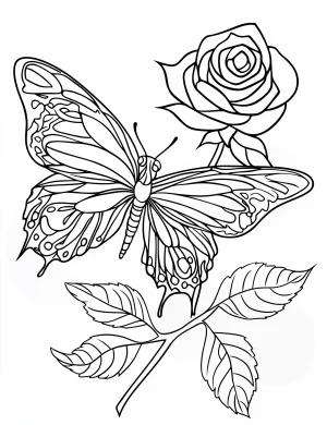 Flying Butterfly with Rose and Leaves Design Coloring Page