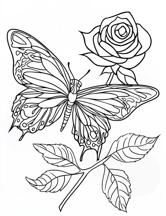 Flying Butterfly with Rose and Leaves Design Coloring Page