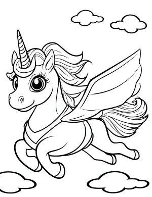 Flying Superhero Unicorn with Wings Coloring Page