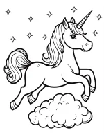 Flying Unicorn with Heart on Cloud and Stars Coloring Page